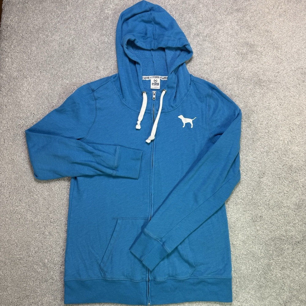 Vintage Y2K PINK Victoria's Secret Blue Full Zip Hoodie Love Love Pink Dog L